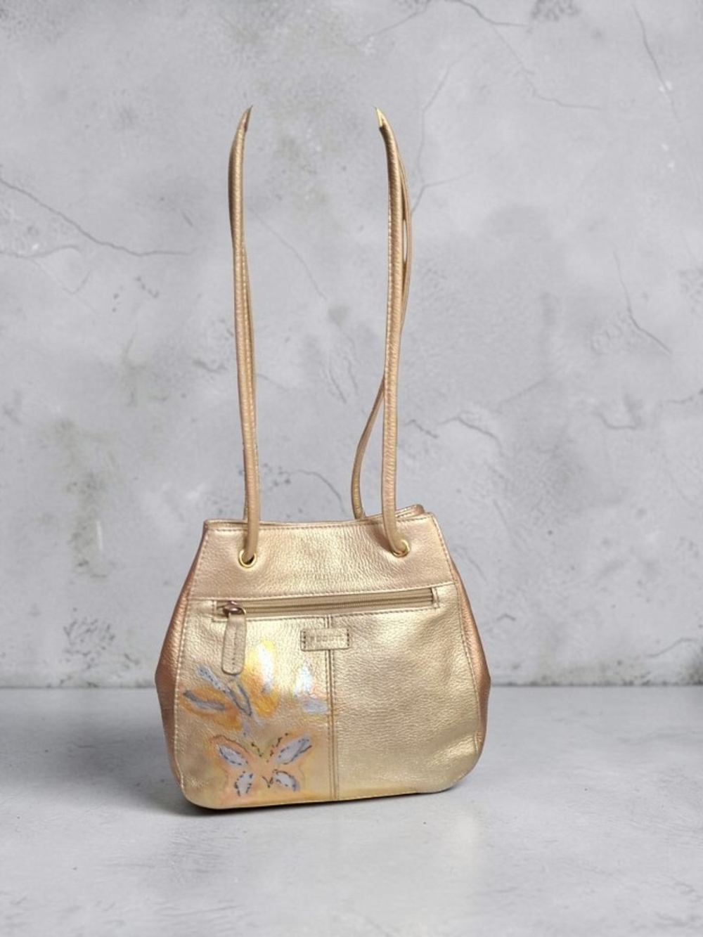 Fossil 2 Tone Metallic Leather Shoulder Bag with Handpainted Floral Accent